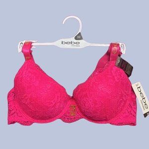 Bebe Intimates Mega Push-Up Fuchsia Pink Floral Lace Bra Size 36B